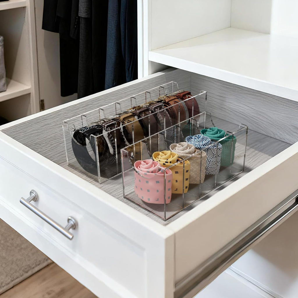 FEMELI Belt Organizer, Acrylic 7 Compartments Container Storage Holder, Clear Display Case for Closet Tie and Bow Tie