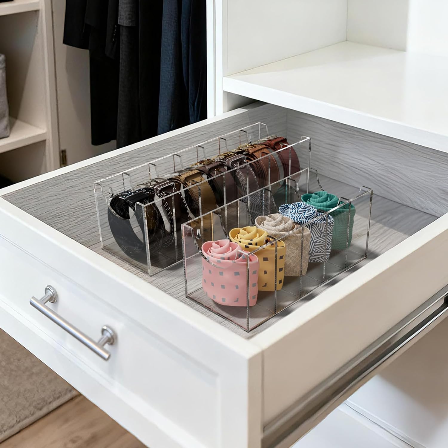 FEMELI Belt Organizer, Acrylic 7 Compartments Container Storage Holder, Clear Display Case for Closet Tie and Bow Tie