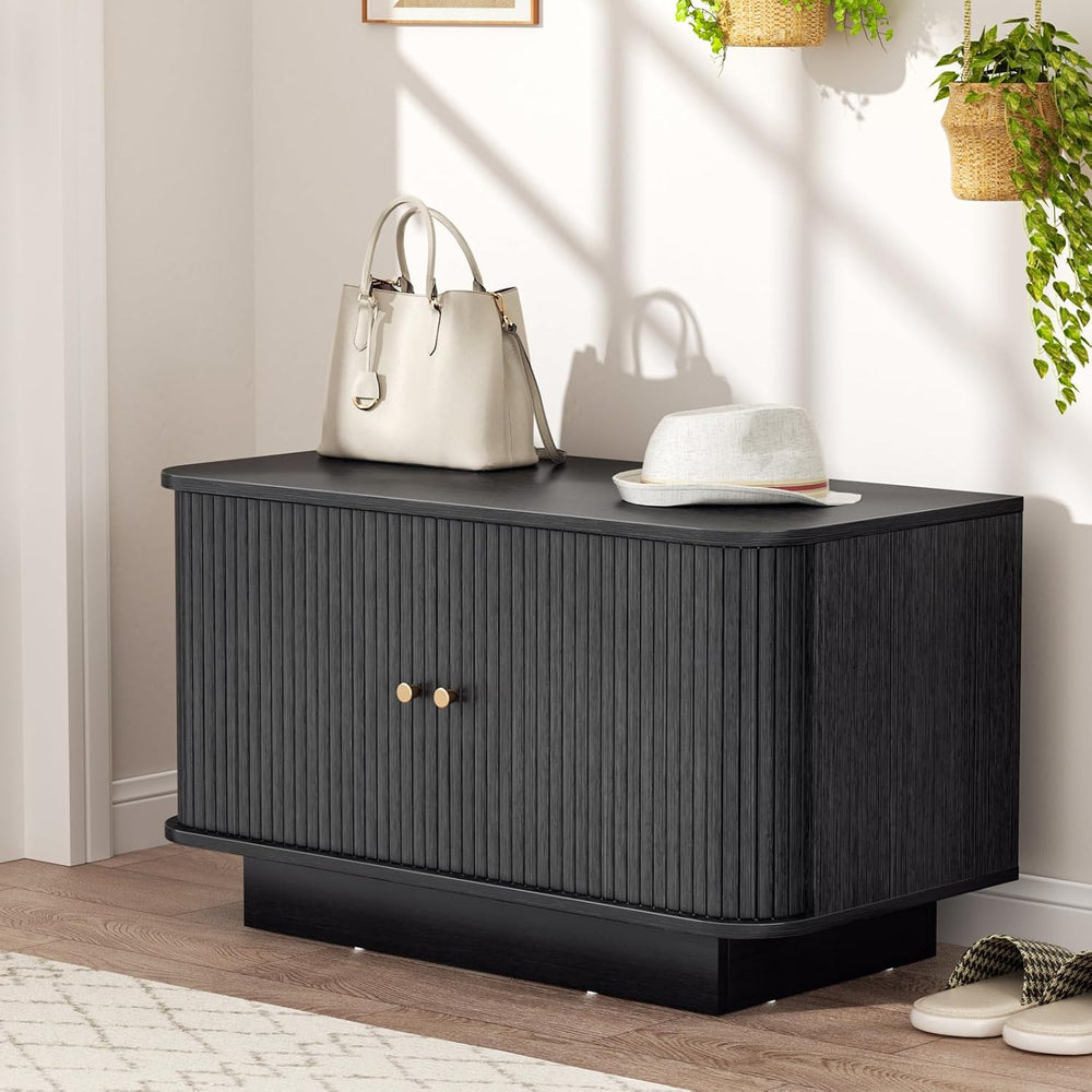 AKMAKM Fluted Shoe Storage Bench, 31" W Small Entryway Bench with Slidin...