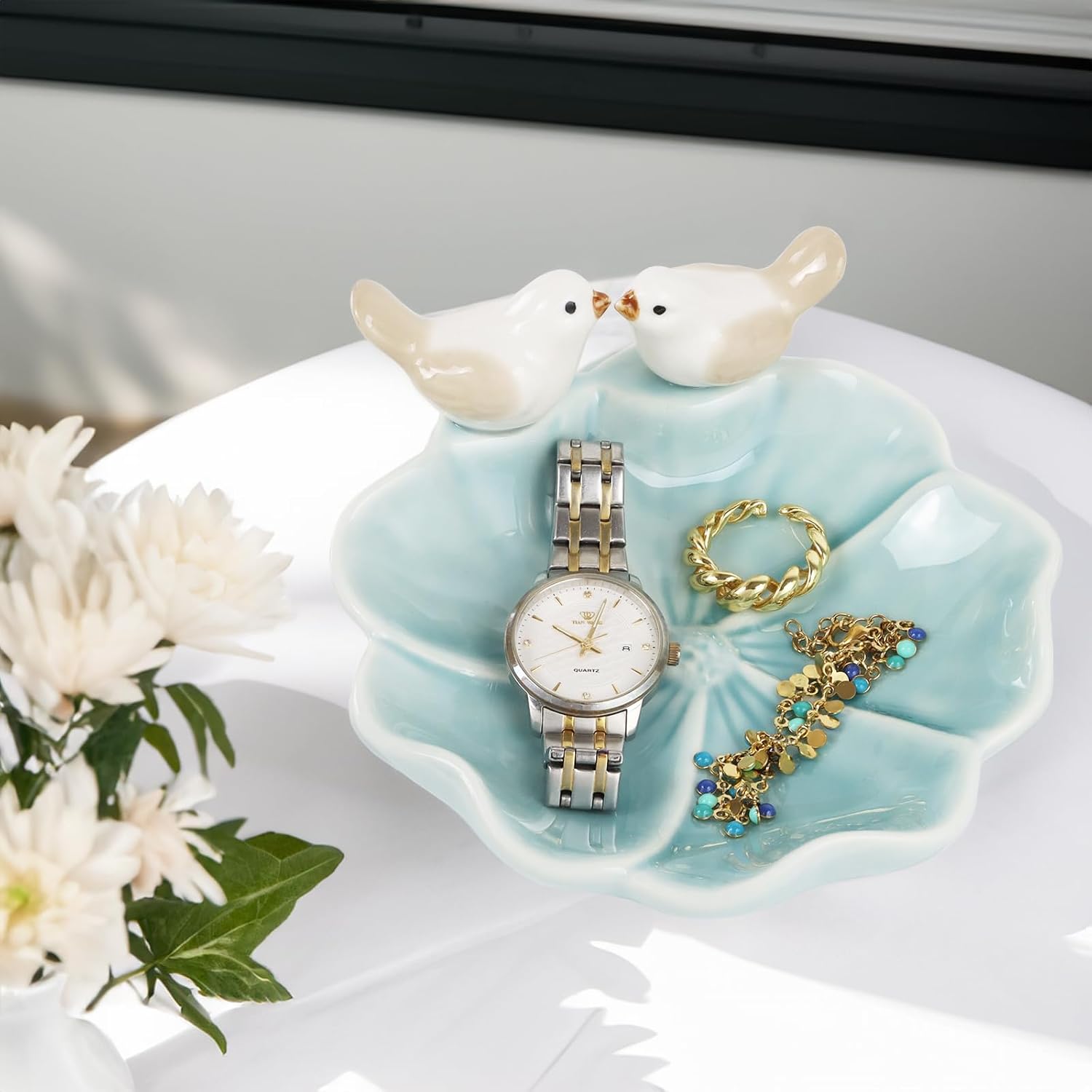 Fordonral Ceramic Jewelry Tray Trinket Dish Decorative Cute Bird & Lotus Leaf Ring Holder Dish Aesthetic Room Vanity Decor (Blue)