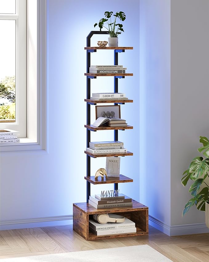 8-Tier Bookshelf, LED Bookcase with Semi-Open Bottom, Small Space Standing Sh...
