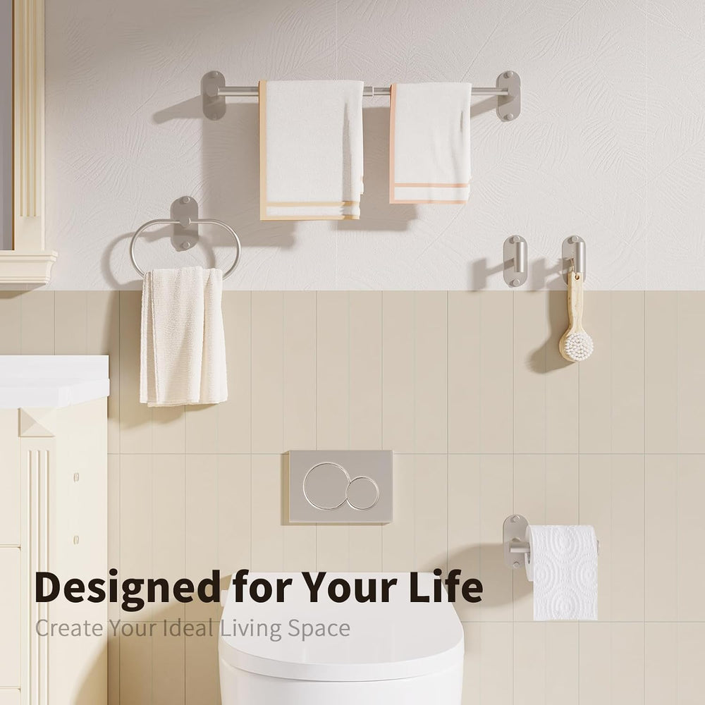 5-Piece Bathroom Hardware Set, Adhesive or Drill Wall Mount, Nickel