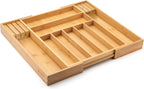 Bamboo Drawer Organizer with Knife Blocks - Silverware Organizer & Utensil Drawer Organizer, Cutlery Tray with Dividers, 7-9 Slots- Premium Kitchen Organizer for Utensils & Flatware (Natural)