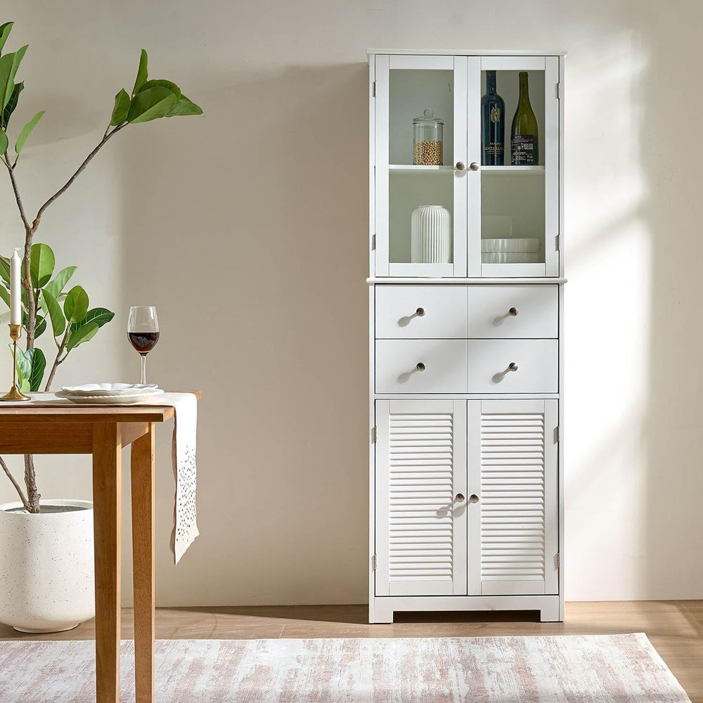 67" Tall Kitchen Pantry Cabinet with Glass Doors, Drawers & Adjustab...