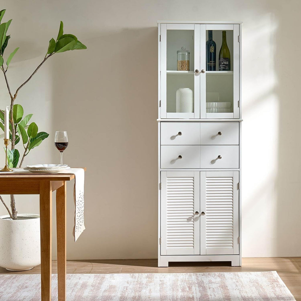 67" Tall Kitchen Pantry Cabinet with Glass Doors, Drawers & Adjustable Shelves, Storage Cabinet for Kitchen, Bathroom, Dining Room