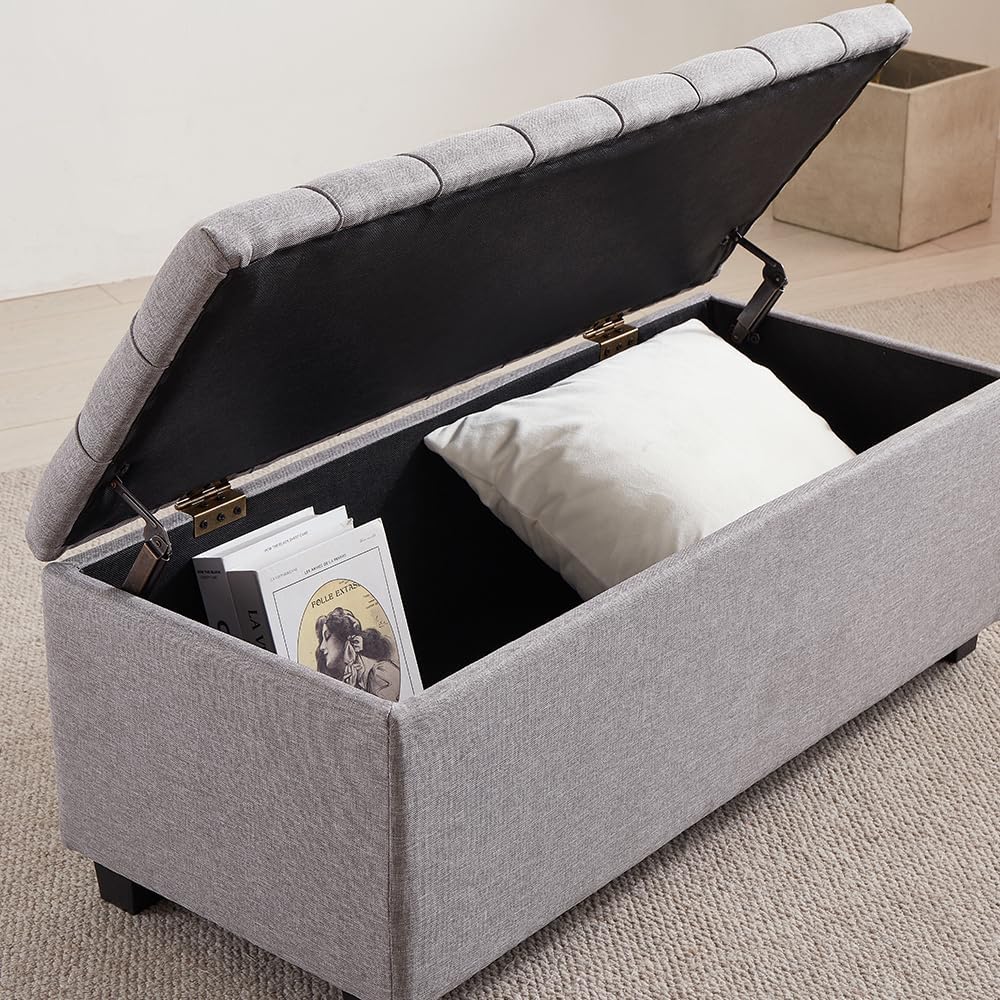 38-inch Grey Fabric Storage Ottoman Bench with Hinged Lid - Long End of Bed B...