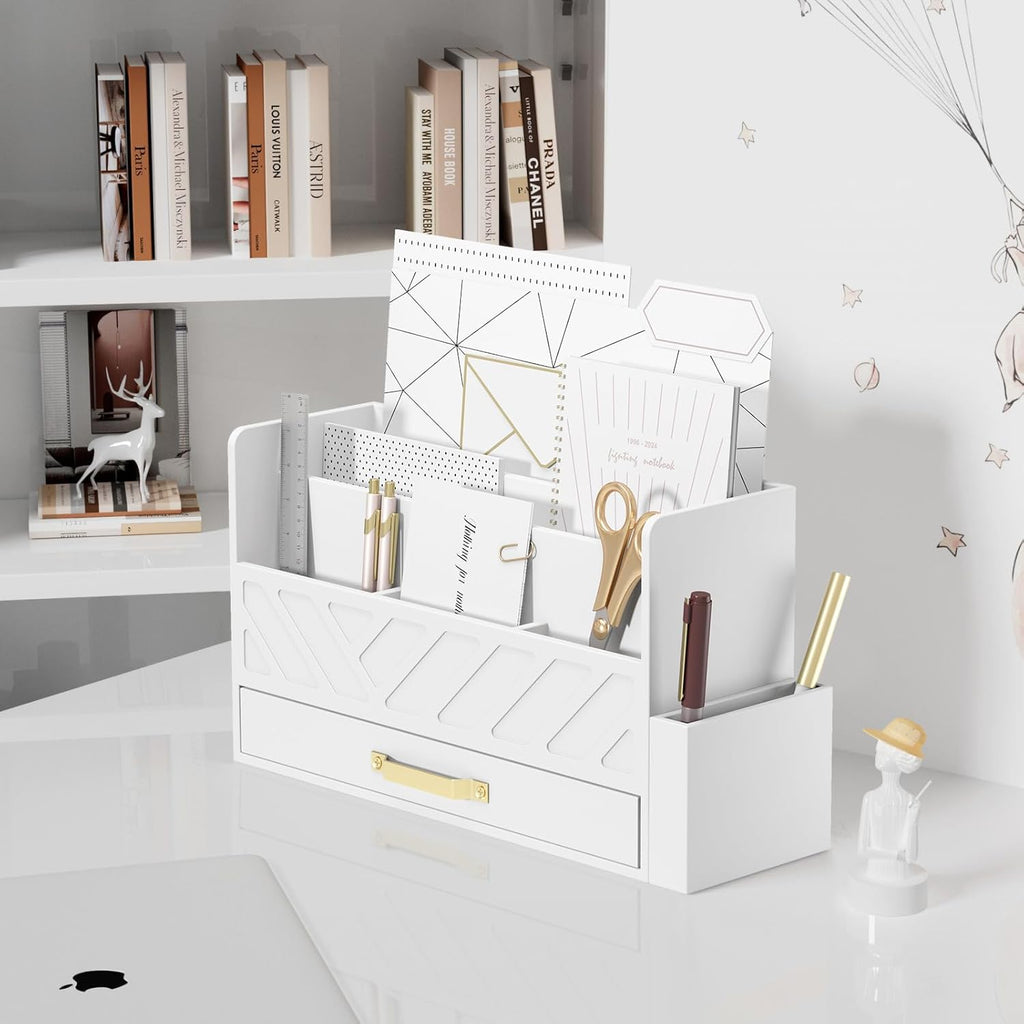 Bamboo Desk Organizer Mail Holder Countertop Wood Desk Drawer Tabletop Storage Box Pen Holder Letter Sorter Makeup Organizer for School Home Office Supplies with Pen Holder White