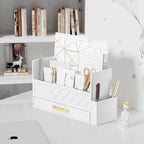 Bamboo Desk Organizer Mail Holder Countertop Wood Desk Drawer Tabletop Storage Box Pen Holder Letter Sorter Makeup Organizer for School Home Office Supplies with Pen Holder White