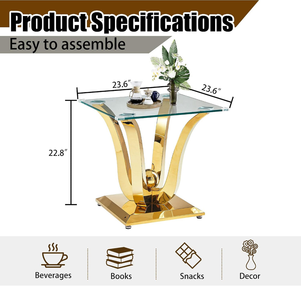 New Gold Glass Side Table, Luxury End Table with Mirror Finish Stainless Stee...