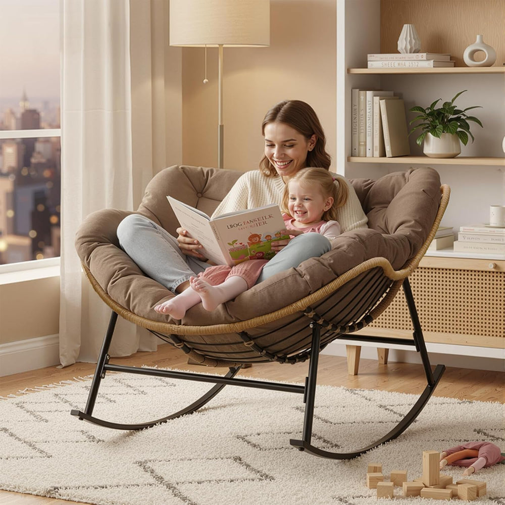 FINCATI Papasan Rocking Chair Indoor Outdooor, Oversized Wicker Recliner with...