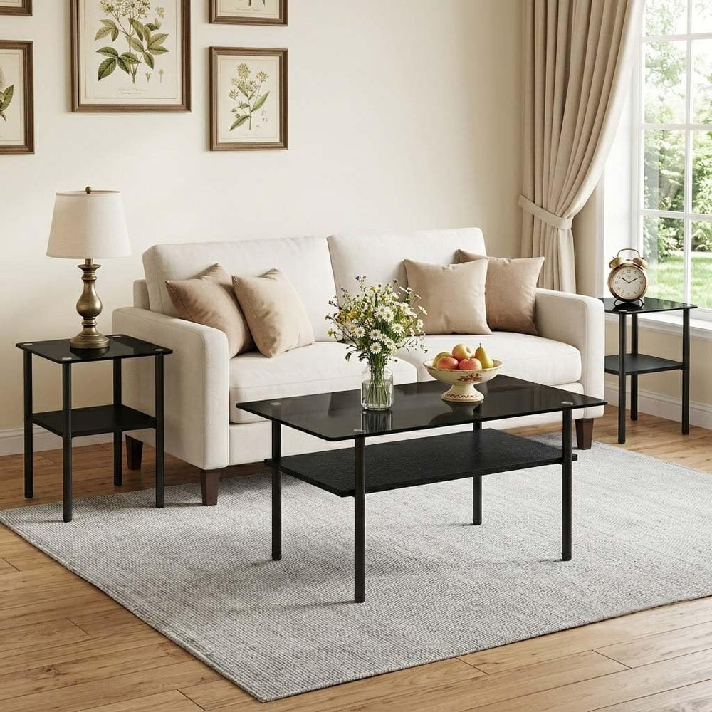 3 Piece Glass Coffee Table Set with 2-Tier Storage, Tempered Glass Living Roo...