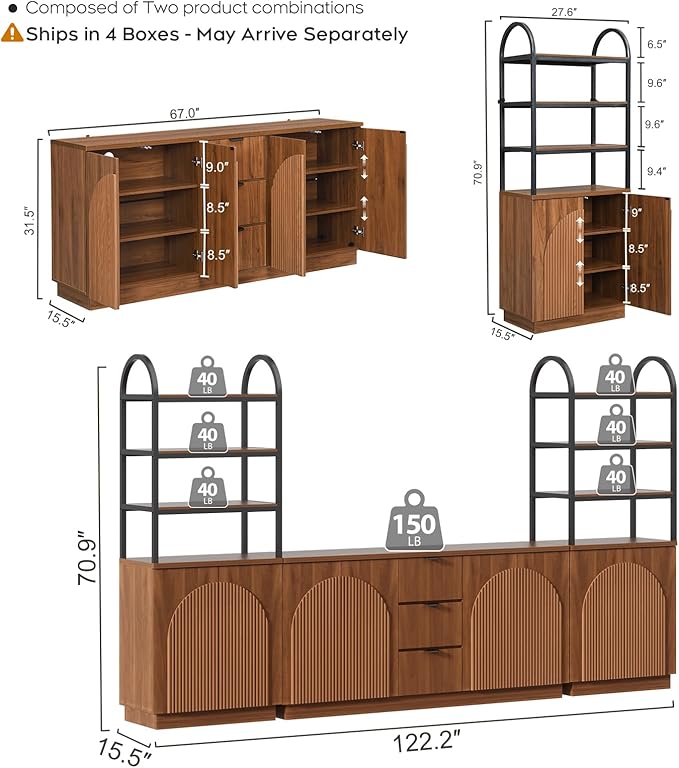 Yechen 122" Modular Entertainment Center with Bookshelves for up to 65", Mid-Century Modern TV Stand with Storage and Drawers, TV Cabinet with Adjustable Shelves, Living Room, Walnut Oak (3 PCS)