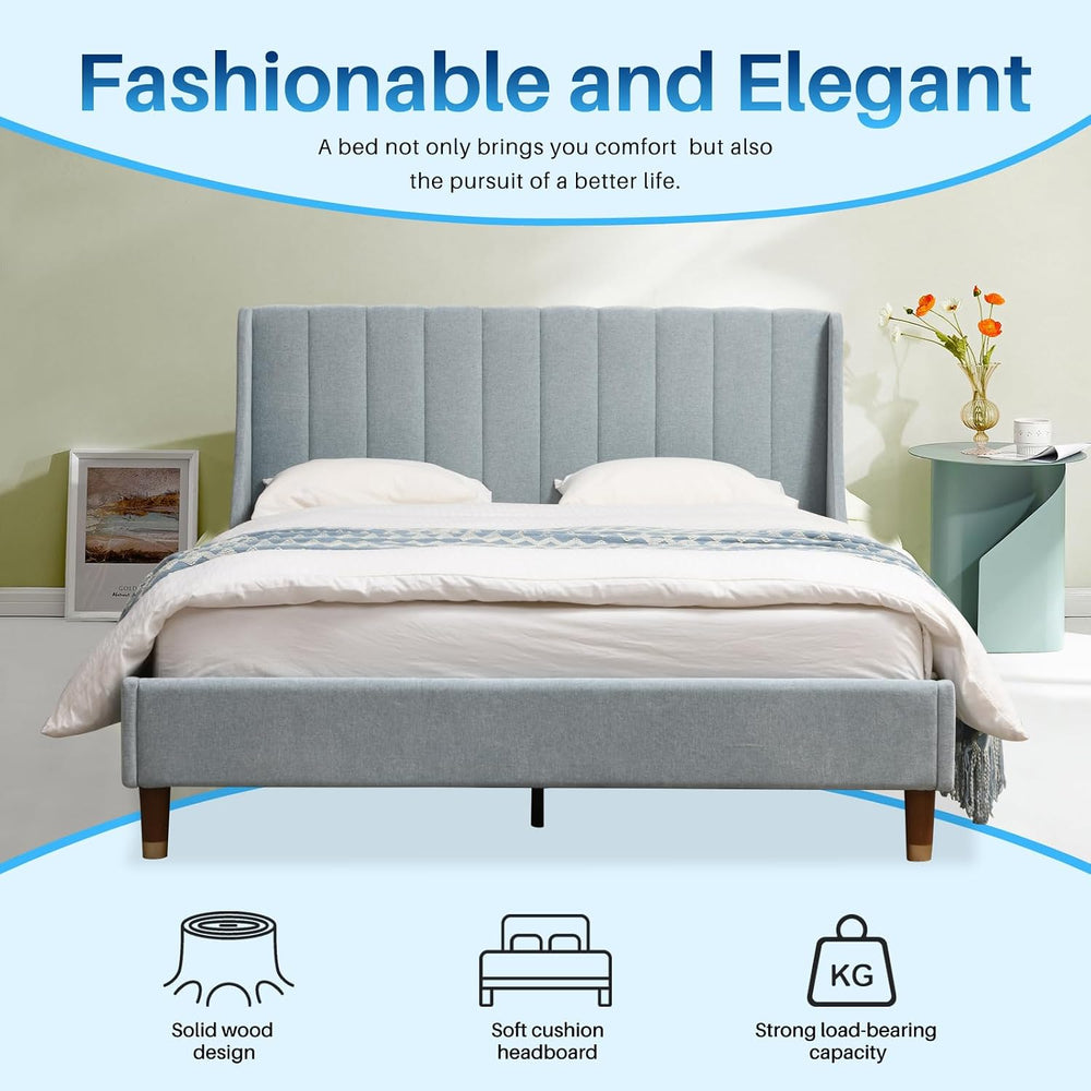YUHUASHI Queen Upholstered Platform Bed Frame with Wingback Headboard，Blue