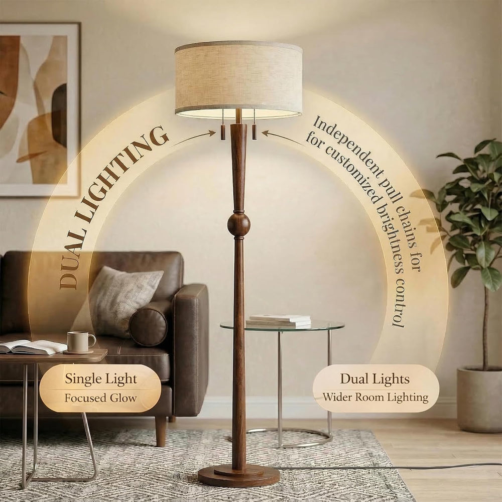 MOFFE Solid Wood Floor Lamp for Living Room with Wooden Pull Chains