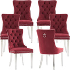 Luxury Upholstered Dining Chairs Set of 6, Red Kitchen Chair with Silver Metal Legs, Velvet Tufted Back Dining Chair, Sillas de Comedor, Modern Kitchen & Dining Room Chairs (Burgundy, 6 Pcs)