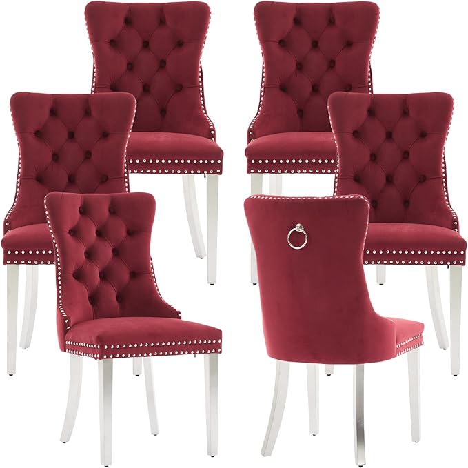 Luxury Upholstered Dining Chairs Set of 6, Red Kitchen Chair with Silver Metal Legs, Velvet Tufted Back Dining Chair, Sillas de Comedor, Modern Kitchen & Dining Room Chairs (Burgundy, 6 Pcs)