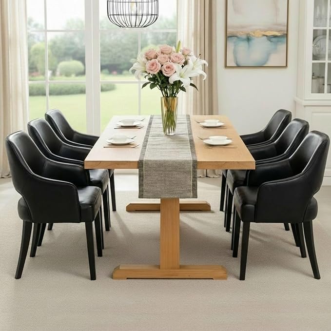 PU Leather Dining Chairs Set of 6 Upholstered Farmhouse Kitchen Chair Side Chairs Wood Accent Chair for Living Room/Dining Room/Bedroom/Restaurant, pgraded Size, Black