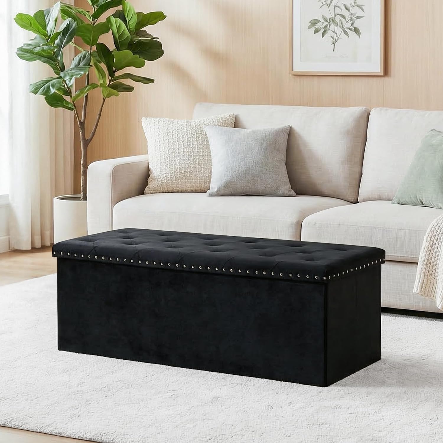 43 Inches Velvet Storage Ottoman Bench, Folding Upholstered Ottoman with Storage for Bedroom Living Room, 140L Capacity