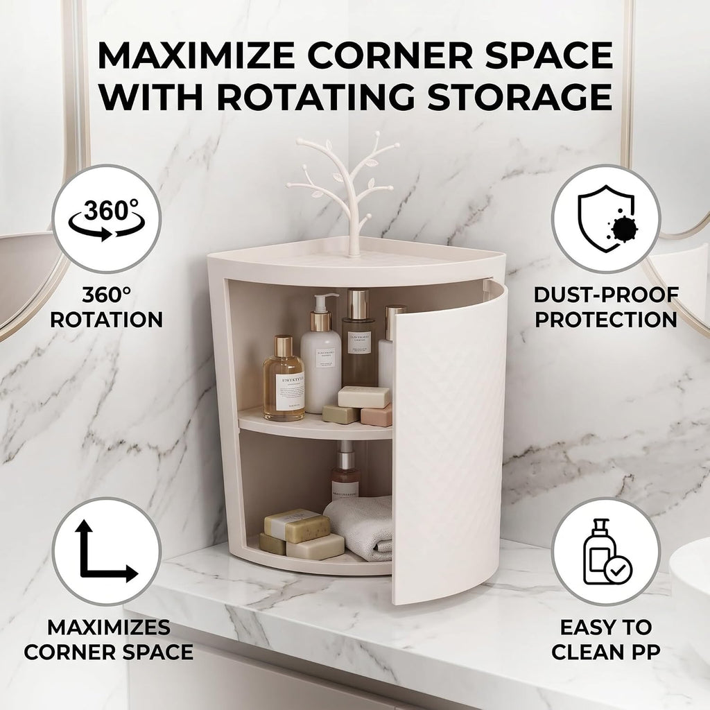 Countertop Corner Storage Cabinet, 360 Degree Rotating Dust Proof PP Storage Rack with Wall Mountable Design, for Bathroom Kitchen Cosmetic Organizer