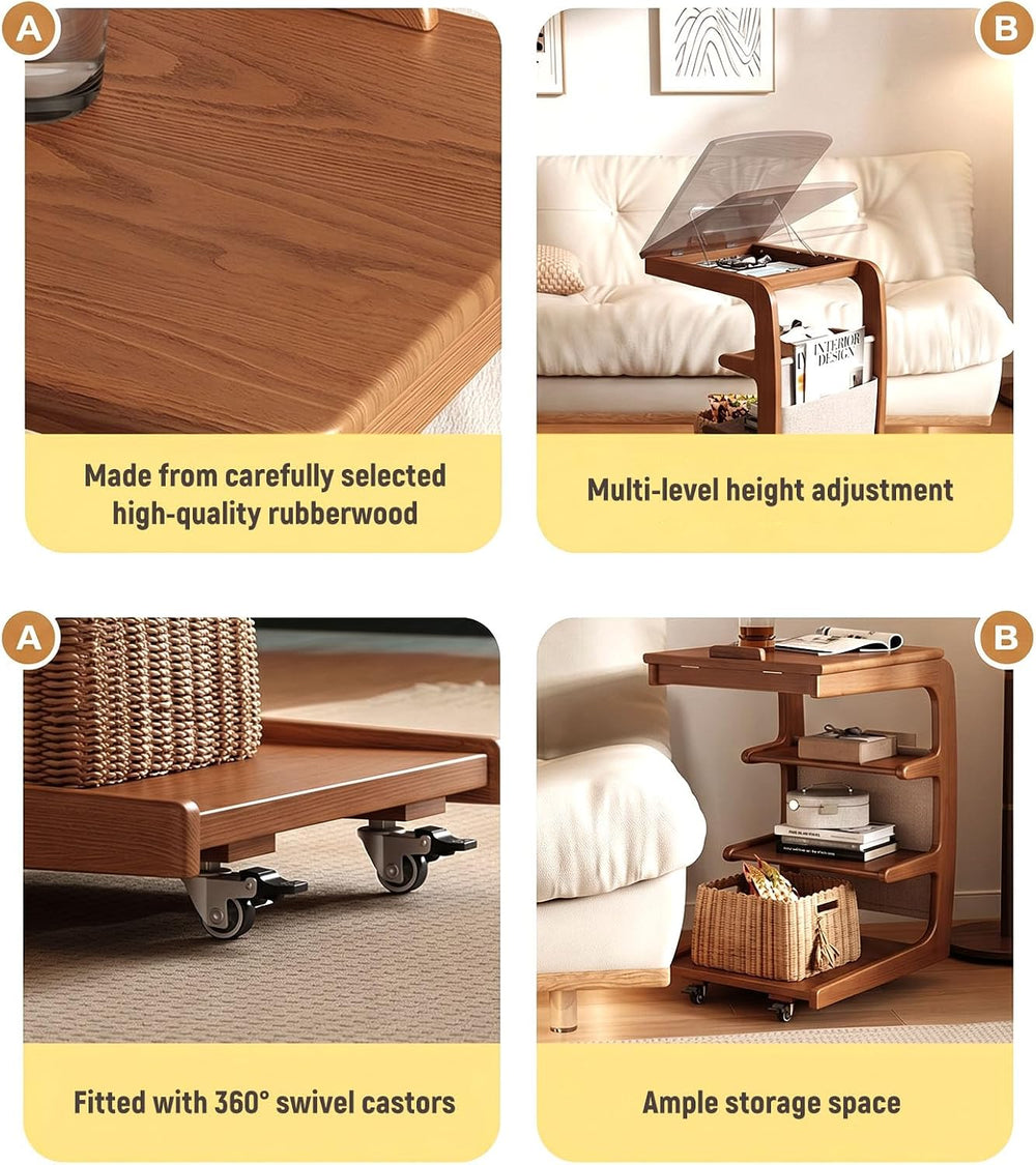 C-Shaped End Table with 2 Lockable Wheels 4-Tier Small Side Table with Storag...