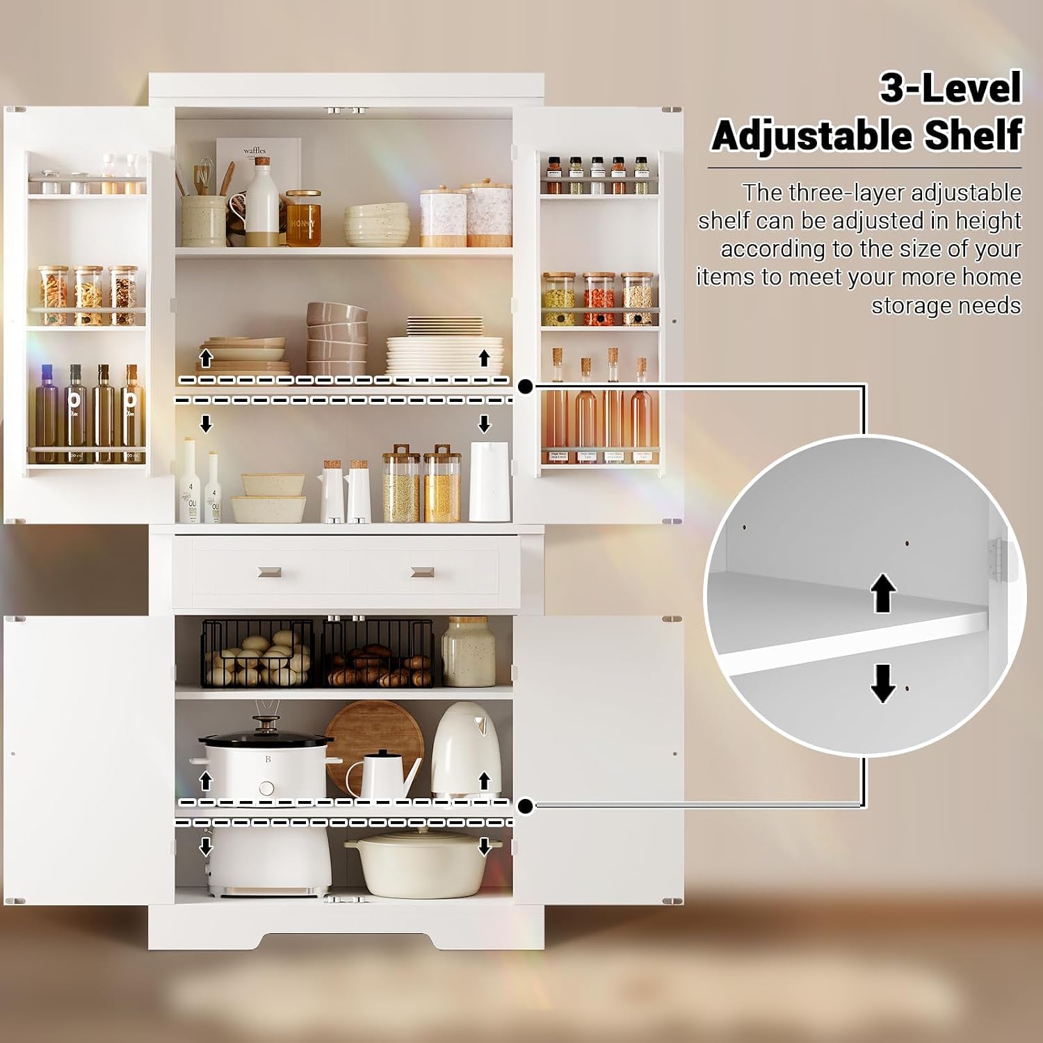 72” Kitchen Pantry Cabinet, Tall Storage Cabinet with 4 Doors and 1 Drawer, Cupboard with 6 Hanging Shelves and Adjustable Shelves for Kitchen, Dining Room, Living Room, White