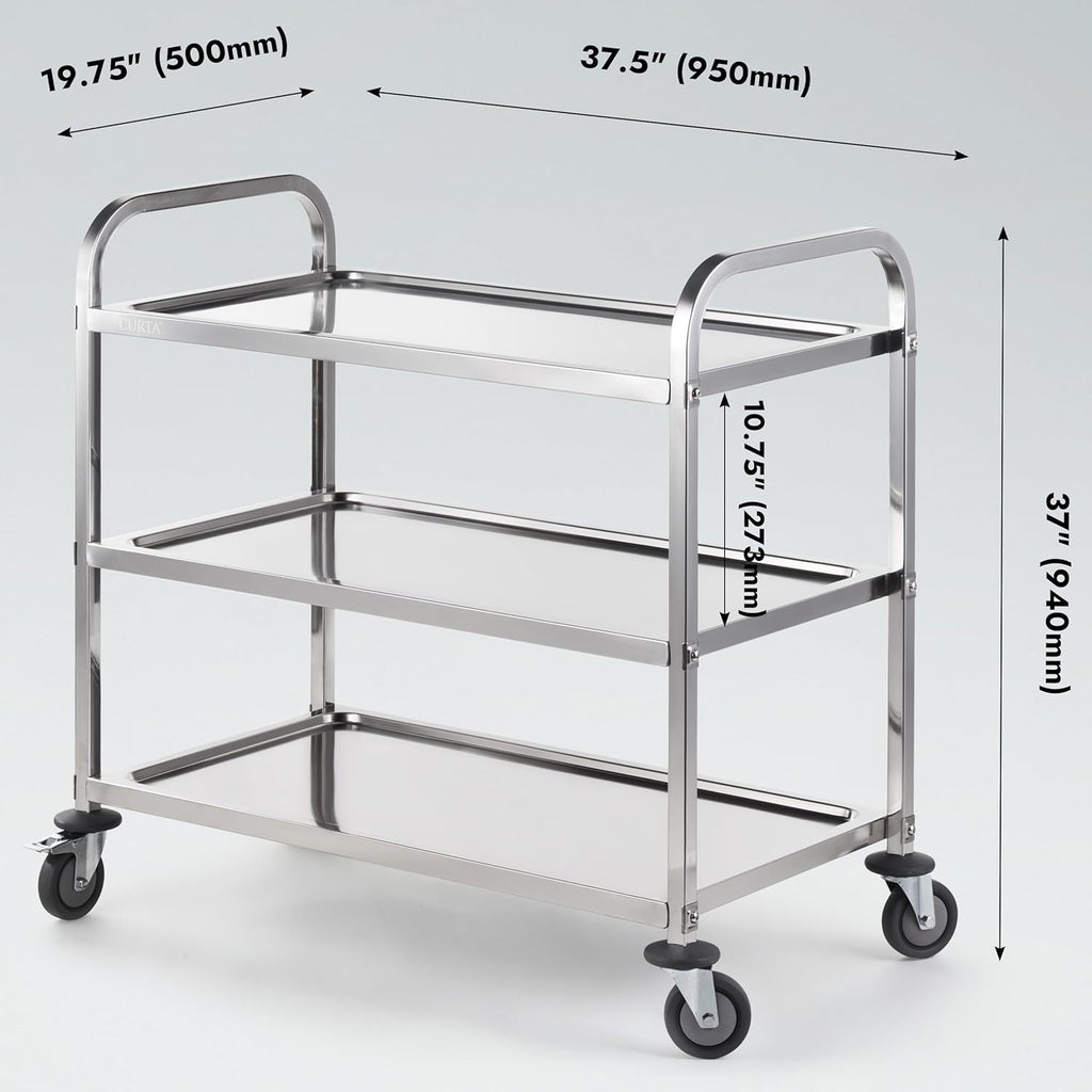 CURTA Stainless Steel Serving Trolley, 38" L x 20" W x 37" H 3 Tiered Shelf Kitchen Utility Cart, Rolling Casters Brake Wheel, Commercial Pro for Restaurant/Hotel/Lab/Clinic/Salon/Workshop