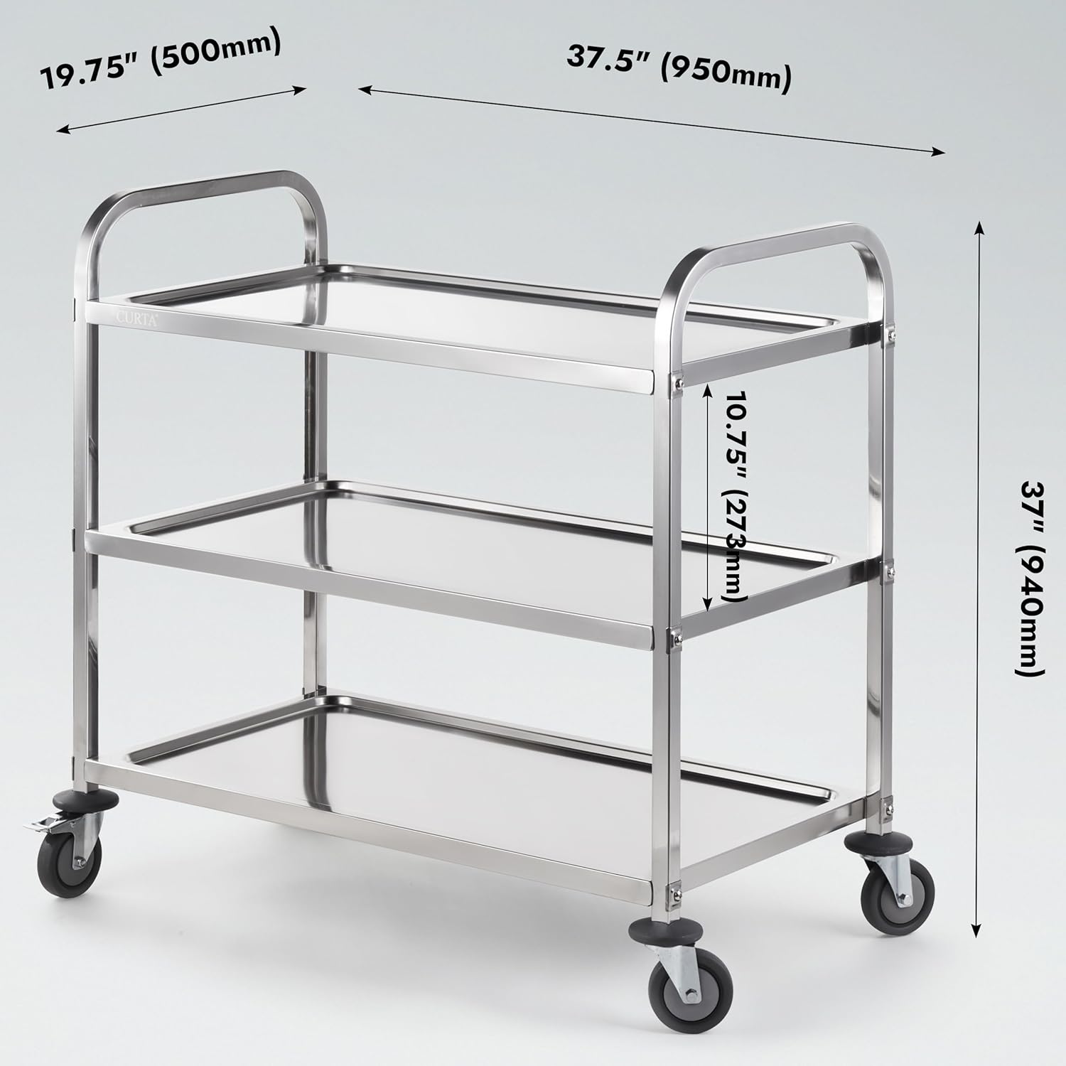 CURTA Stainless Steel Serving Trolley, 38" L x 20" W x 37" H 3 Tiered Shelf Kitchen Utility Cart, Rolling Casters Brake Wheel, Commercial Pro for Restaurant/Hotel/Lab/Clinic/Salon/Workshop