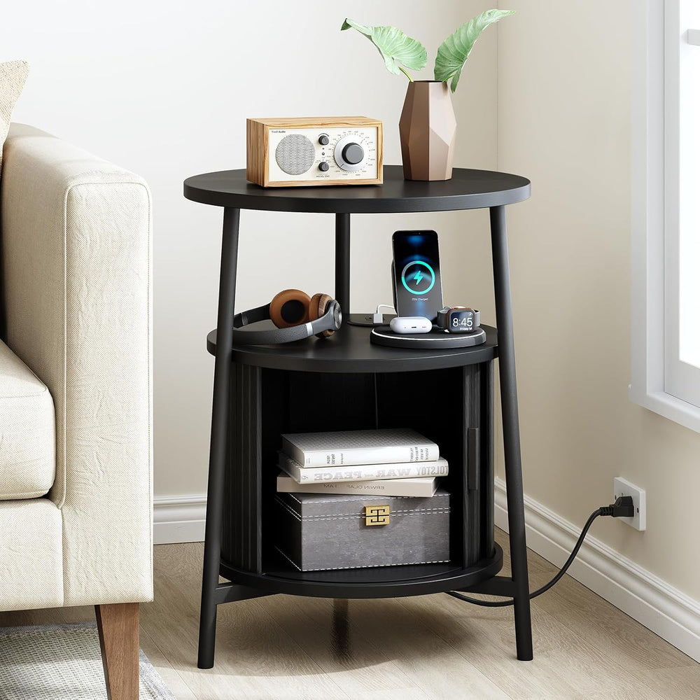 ONBRILL Round Side Table with Storage, Fluted Nightstand with Charging Statio...