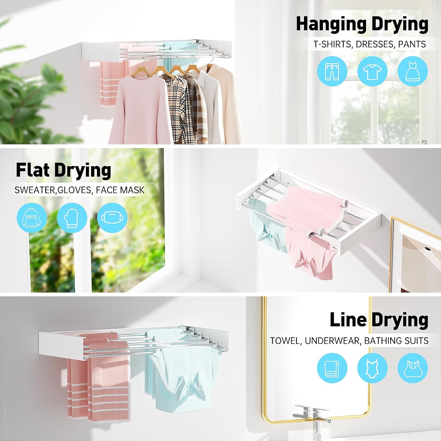 Wall Mounted Clothes Drying Rack, Extending Laundry Rack, Wall Mount Laundry Drying Rack Folding Indoor, 60lbs Capacity (5 Drying Rods, White 31.5")