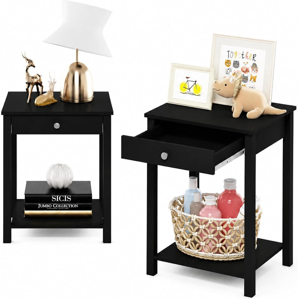 Furinno Classic Side Table Set of 2, 2-Tier Modern End Table with Small Drawe...