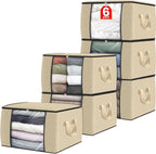 Fab totes 6 Pack Clothes Storage, Foldable Thick Fabric Blanket Storage Bags, Containers for Organizing Bedroom, Closet, Clothing, Comforter, Organization with Handle,Beige