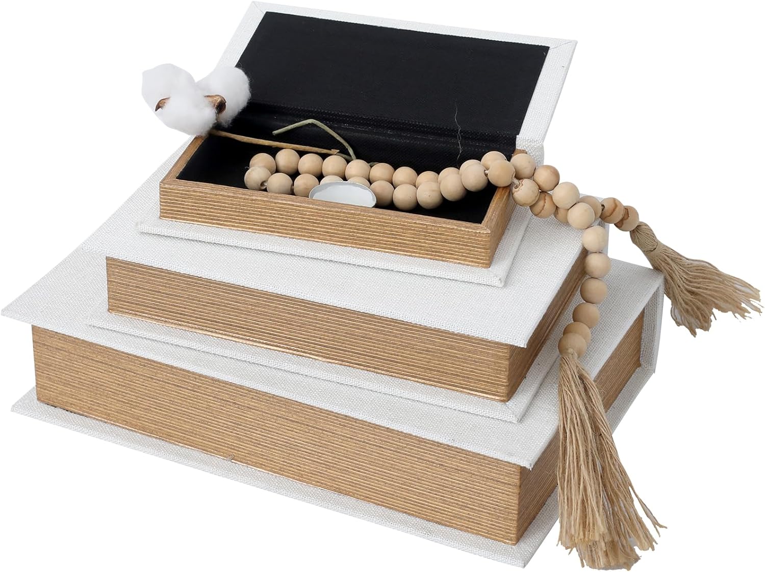 Modern Linen and Wood Decorative Faux Book Boxes Set of 3-13",10",8" - White