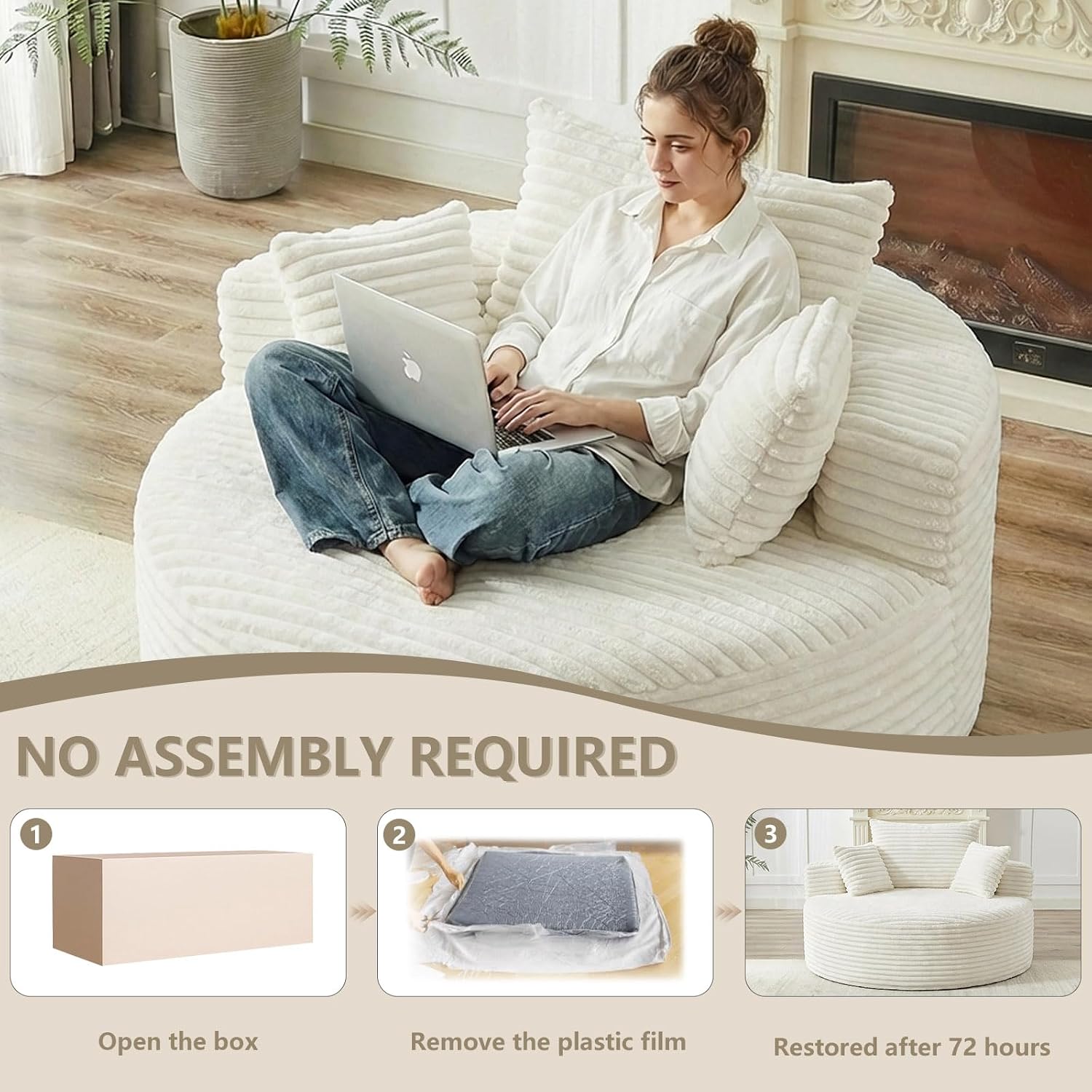 55" L Corduroy Sponge Single Sofa, Oversized Round Chair, Fluffy Modern Sleeper Chairs for Living Room, Lounge and Projection Room, Wide Armrest Lounge Chairs, Armchair with Pillow White