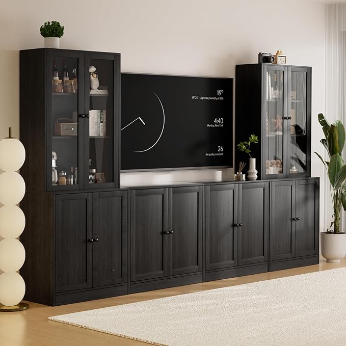 TUSY 71" TV Stand Storage Set - 2 Tall Bookcases & 2 Side Cabinets, Media Console with Glass & Wood Doors, Entertainment Center with Drawers, Tall Media Console for Living Room (Black, ACCA)