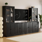 TUSY 71" TV Stand Storage Set - 2 Tall Bookcases & 2 Side Cabinets, Media Console with Glass & Wood Doors, Entertainment Center with Drawers, Tall Media Console for Living Room (Black, ACCA)
