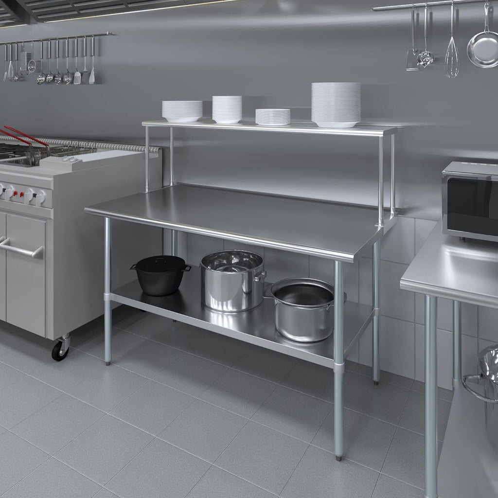 Stainless Steel Work Table with Wide Single Tier Overshelf | Metal Kitchen Prep Table & Shelving Combo (30" x 60" Work Table + 12" Overshelf)