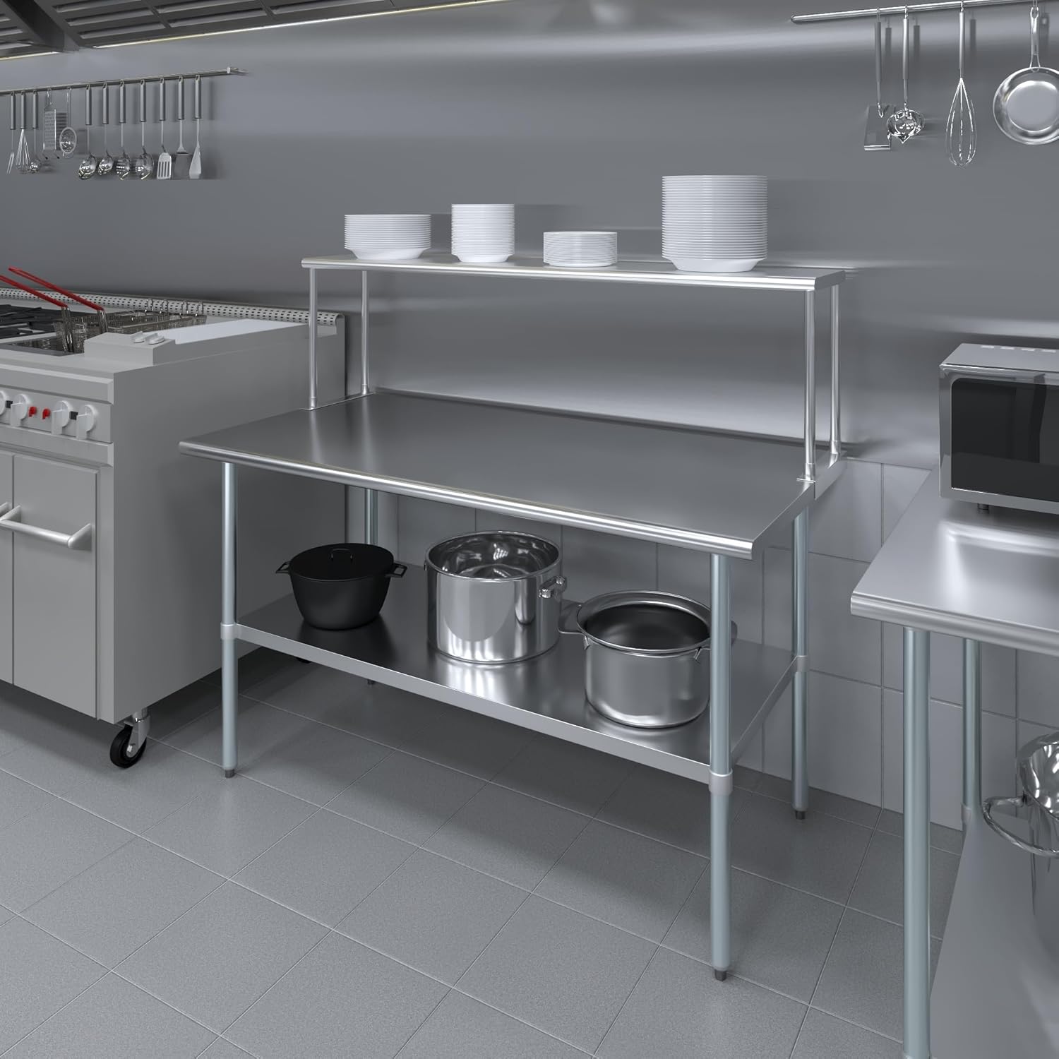 Stainless Steel Work Table with Wide Single Tier Overshelf | Metal Kitchen Prep Table & Shelving Combo (30" x 60" Work Table + 12" Overshelf)