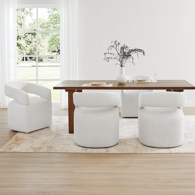 Upholstered Dining Chairs with Casters, Modern Barrel Side Armchair with Rollers for Dining Room, Bedroom, Kitchen, Reading Room, Linen, Set of 2