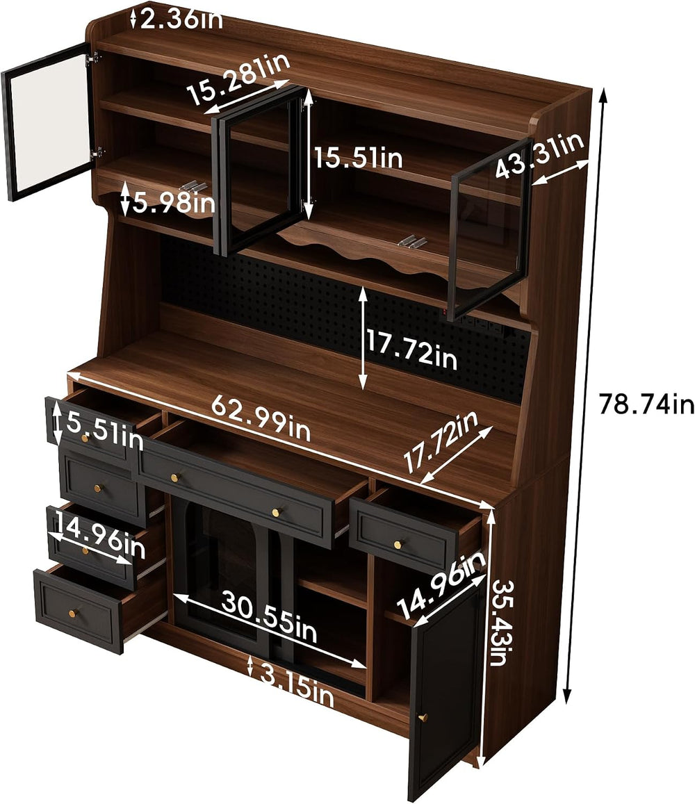 63" W Farmhouse Buffet Cabinet with Hutch, Freestanding Coffee Bar Sideb...