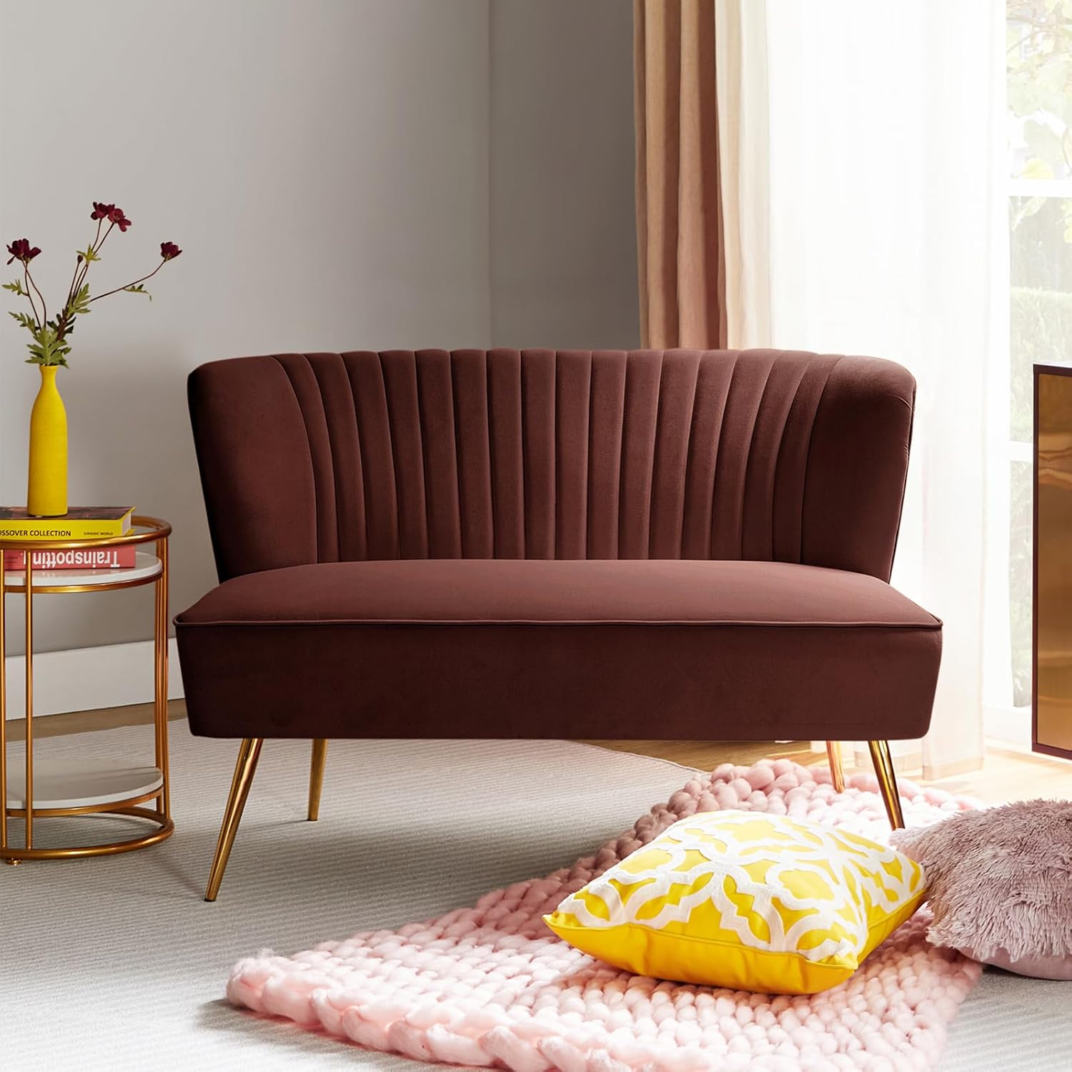 TINA'S HOME Mid-Century Velvet Loveseat Sofa, Upholstered Loveseat Couch with Golden Metal Legs, Small Tufted 2-Seat Sofa Armless Love Seat for Living Room Bedroom, Burn Brick