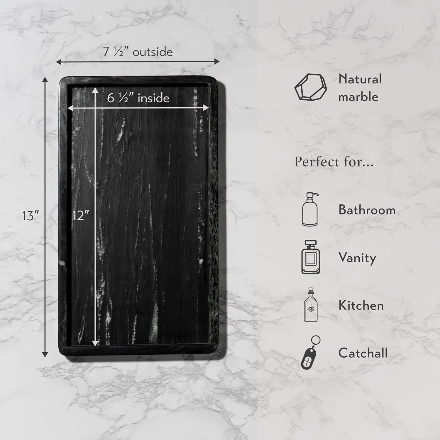 Cork & Mill Black Marble Tray for Bathroom Countertop, Kitchen Counter, or Catchall - 13" x 7½" Large Vanity Tray for Skincare or Perfume - Handcrafted Natural Marble Stone Organizer