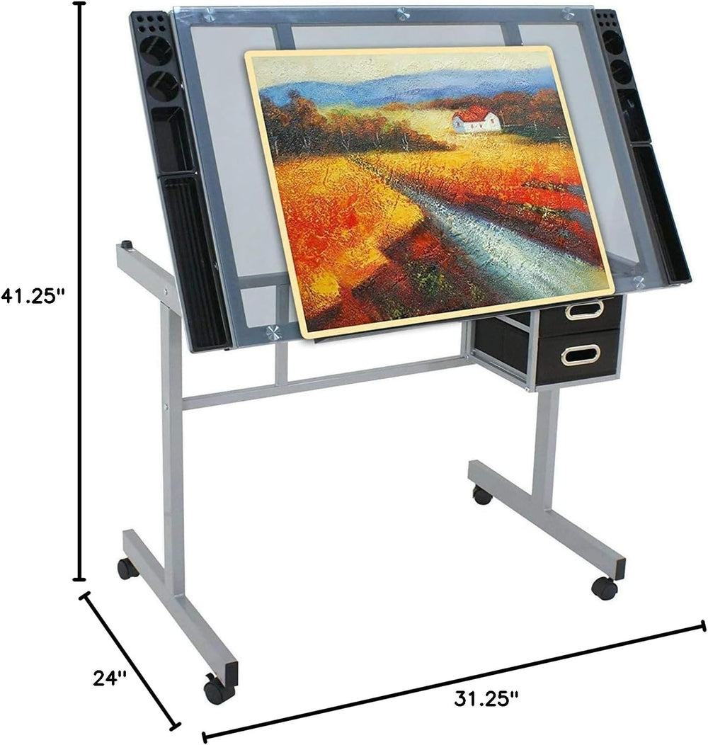 HomGarden Adjustable Drafting Drawing Table Desk Tempered Rolling Glass Top A...