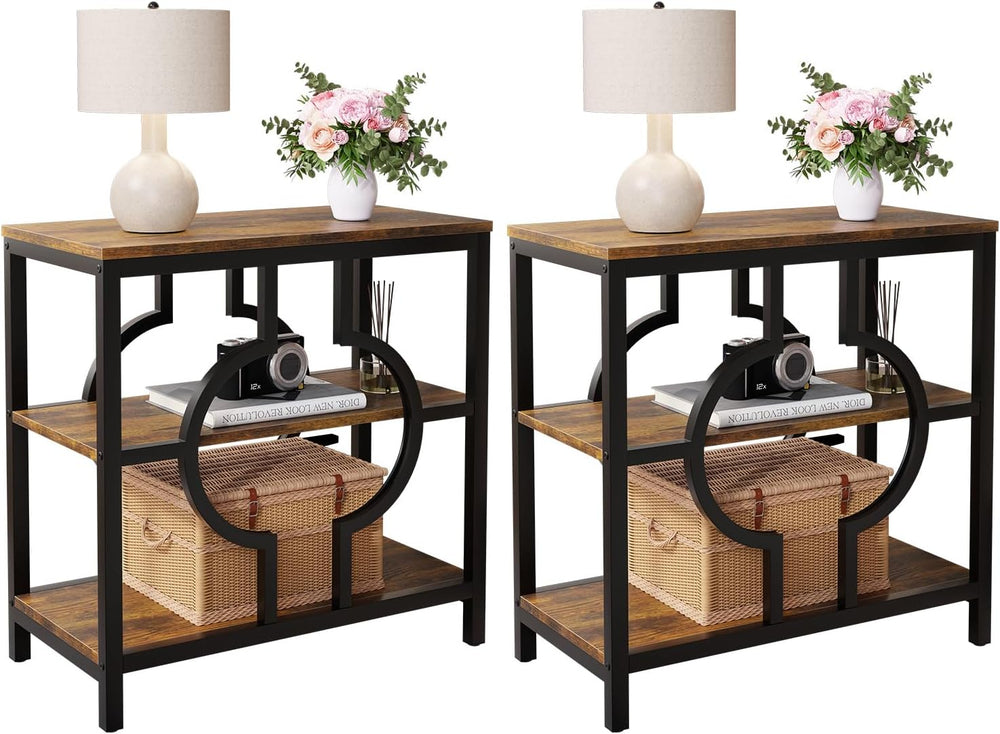 End Table Set of 2, Narrow Side Table with 3-Tier Storage Shelves, Wood Sofa ...