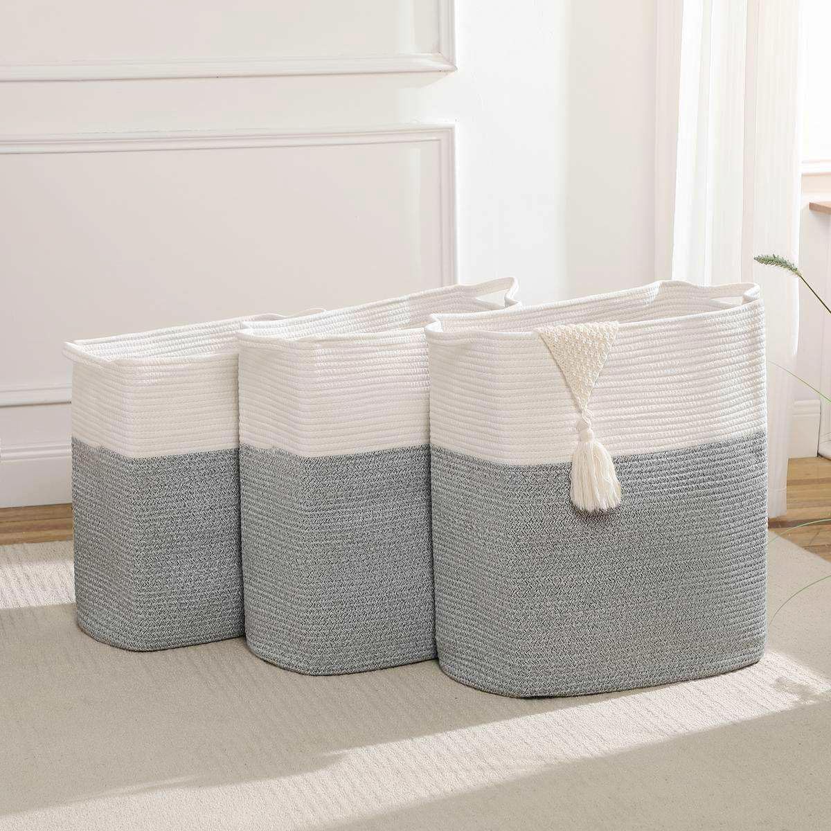 Tall Laundry Basket With Handles,Woven Cotton Rope Big Laundry Hamper Sorters,Versatile Storage for Dirty Clothes,Baby Toys,and Blankets in Bathroom, Nursery,and Living Room (Silver Gray, 68L)