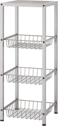 TRINITY 4-Tier Freestanding Metal Shelving Rack with Wire Baskets, Wood Top, and Adjustable Feet, 12"x12"x30", Champagne + Classic Gray Top