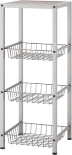 TRINITY 4-Tier Freestanding Metal Shelving Rack with Wire Baskets, Wood Top, and Adjustable Feet, 12"x12"x30", Champagne + Classic Gray Top