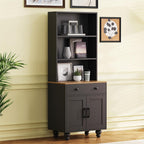 Modern Kitchen Pantry, Storage Cabinet with 4 Solid Wood Gourd-Shaped Legs, Adjustable Shelves, 5-Tier Bookshel and Drawer, Easy to Clean