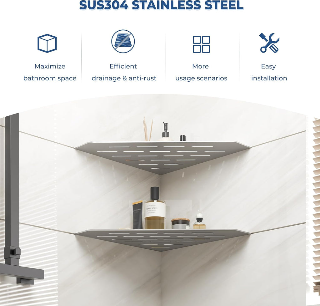 FerdY 2-Pack 10" Brushed Nickel Recessed Corner Shower Shelf, for Tiled Bathroom Walls, 304 Stainless Steel Floating Shelf, Shower Caddy Storage Shelves, No Drilling Required, Striped Diamond