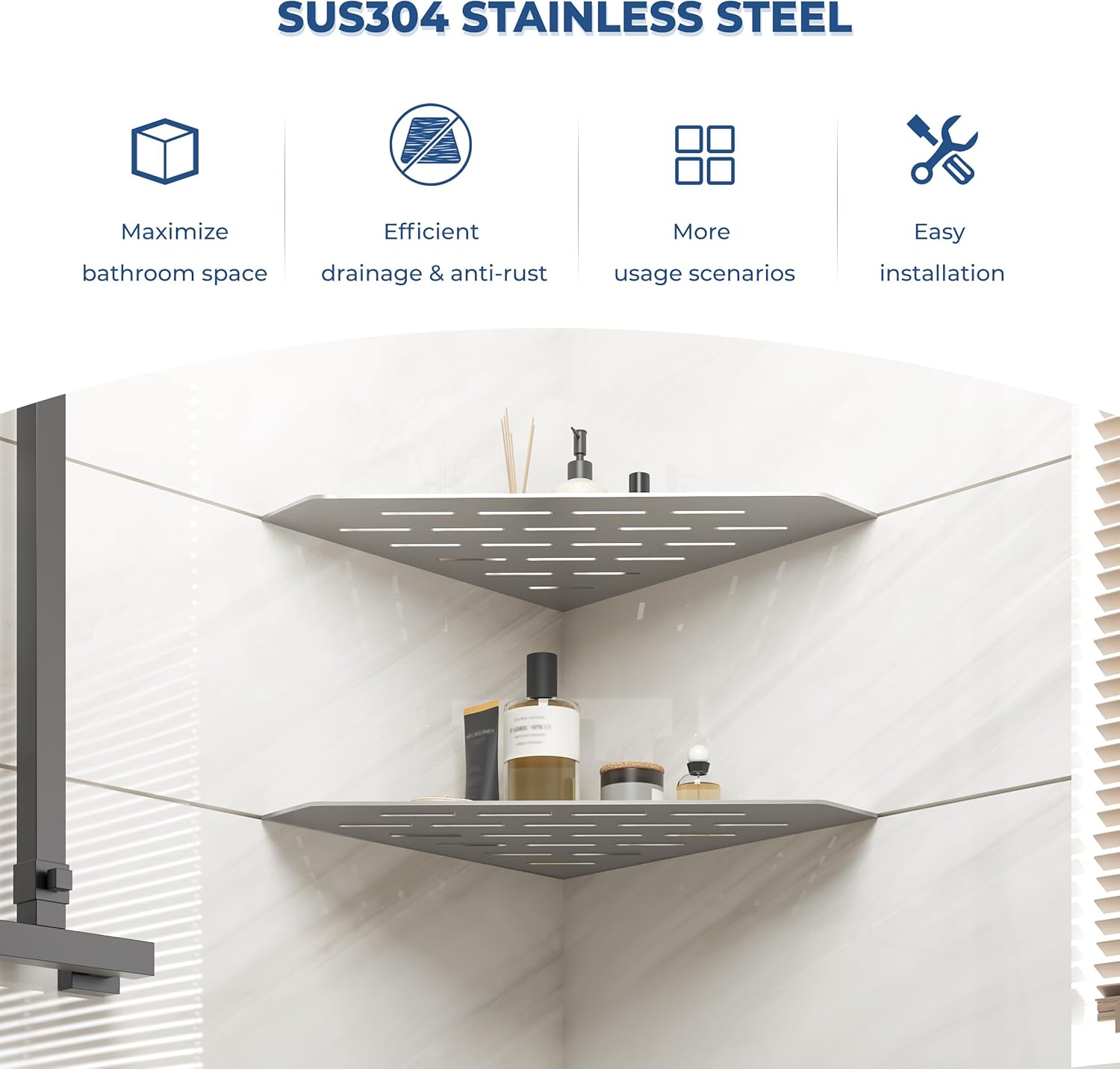 FerdY 2-Pack 10" Brushed Nickel Recessed Corner Shower Shelf, for Tiled Bathroom Walls, 304 Stainless Steel Floating Shelf, Shower Caddy Storage Shelves, No Drilling Required, Striped Diamond