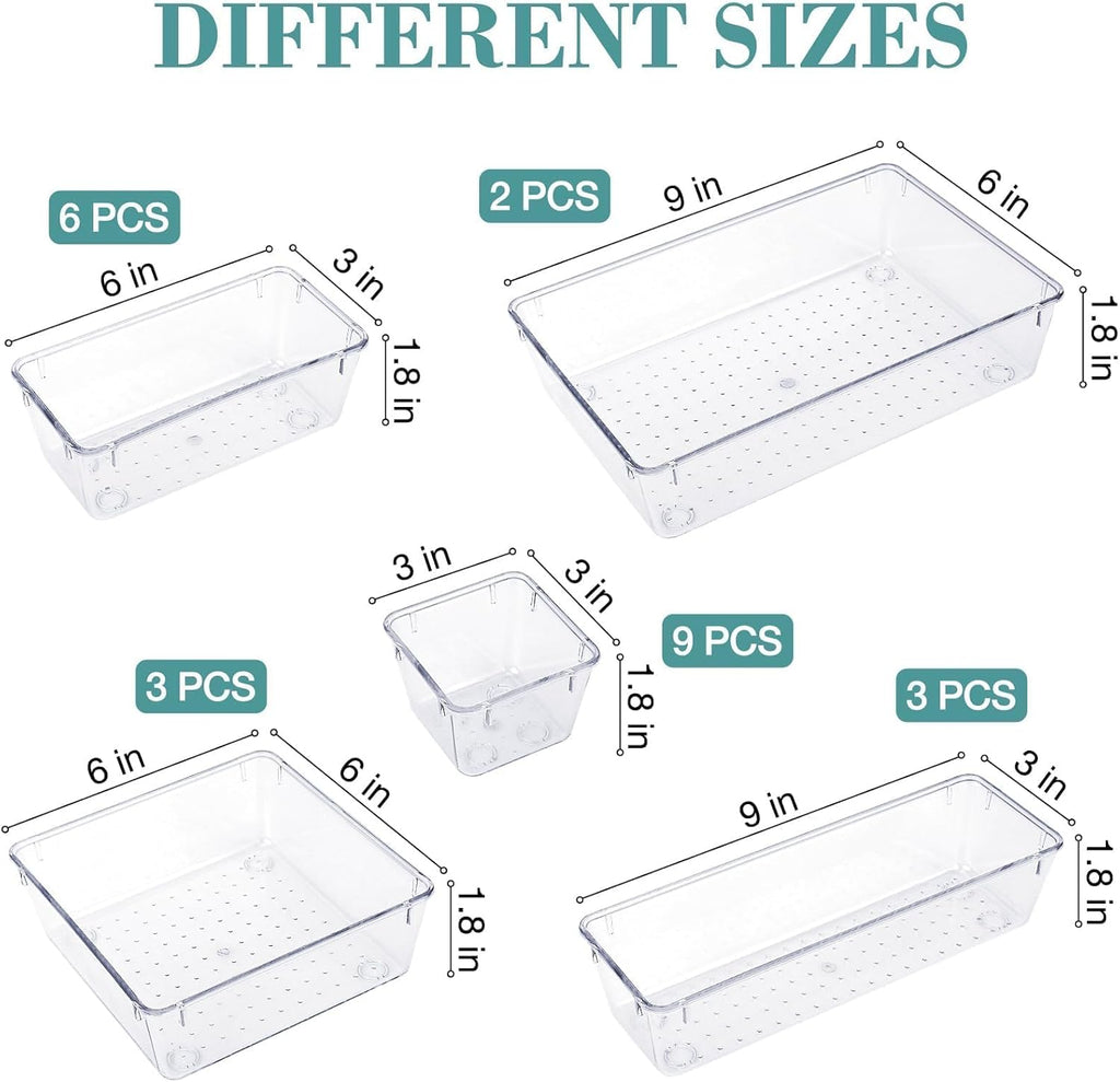 23 PCS Drawer Organizer Set, 5 Varied Size Bathroom and kitchen Drawer cabinet organizer Trays, Clear Storage Bins for Makeup, Jewelry, Utensils and Gadgets
